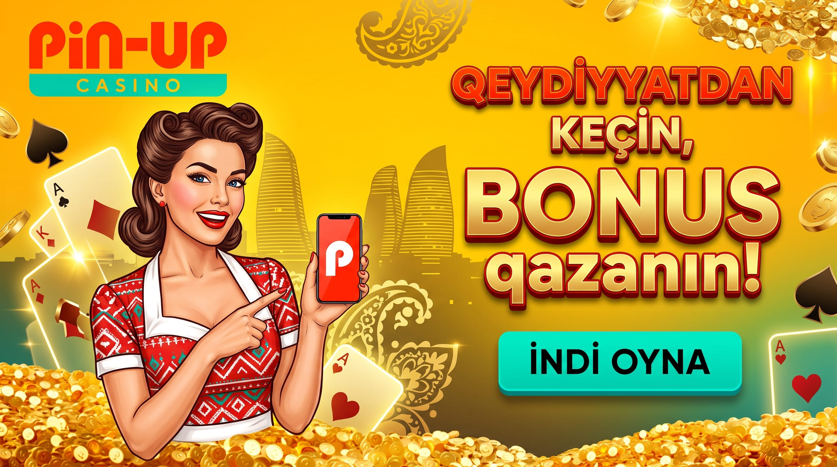 Qadın telefonda qeydiyyat bonusunu göstərir, ətrafında kartlar və sikkələr